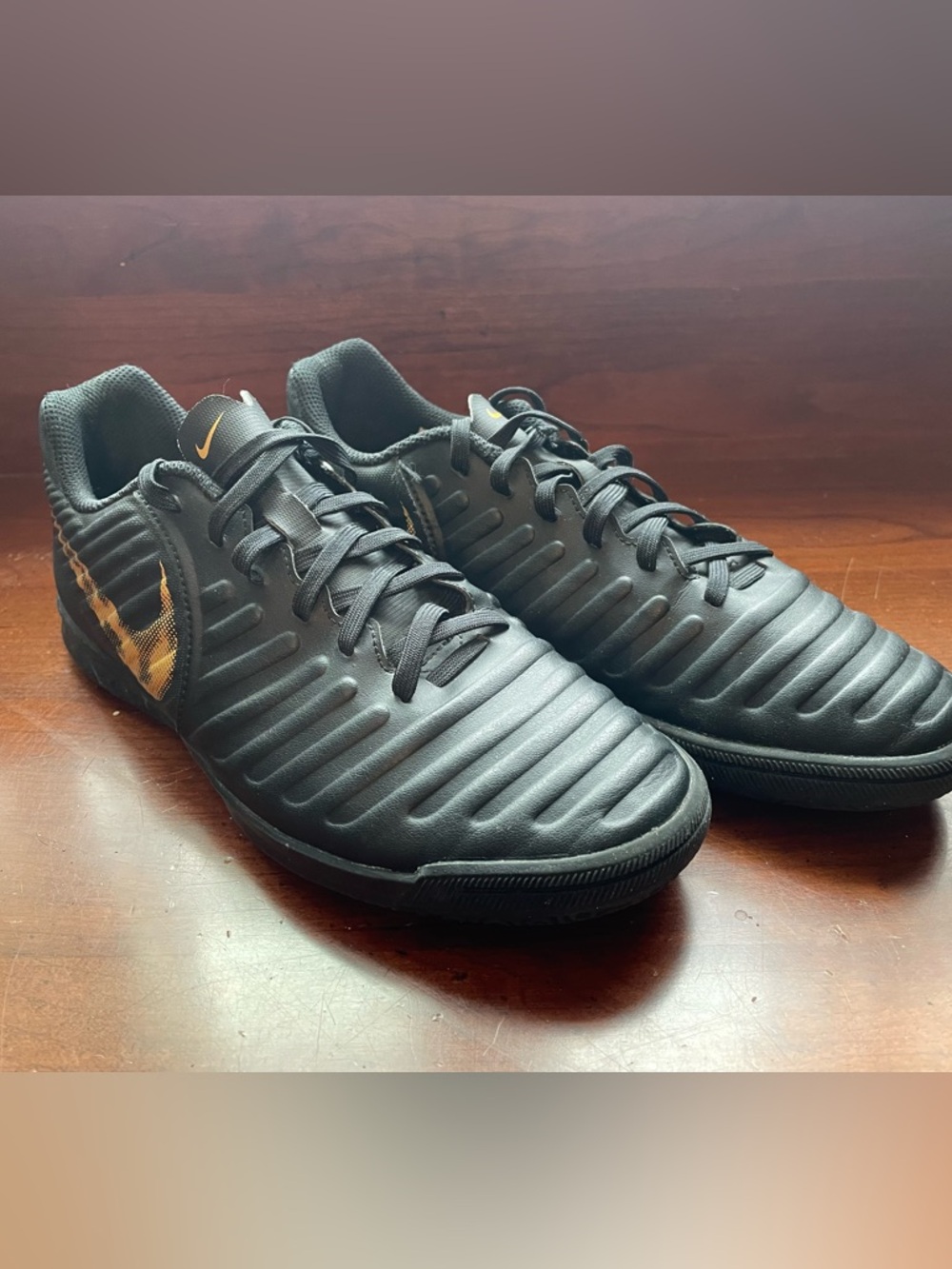 Nike Men's Black and Gold Tiempo Indoor Soccer Sneakers
